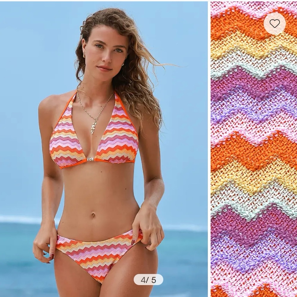 Cupshe Orange and Pink Chevron Bikini Set Sunset Horizon M